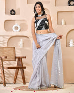 Thumbnail for Amodini Designer Studio Silver & Black Cutdana Sequined Band Collar Sleeveless Padded Blouse