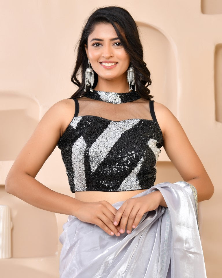 Amodini Designer Studio Silver & Black Cutdana Sequined Band Collar Sleeveless Padded Blouse - Distacart