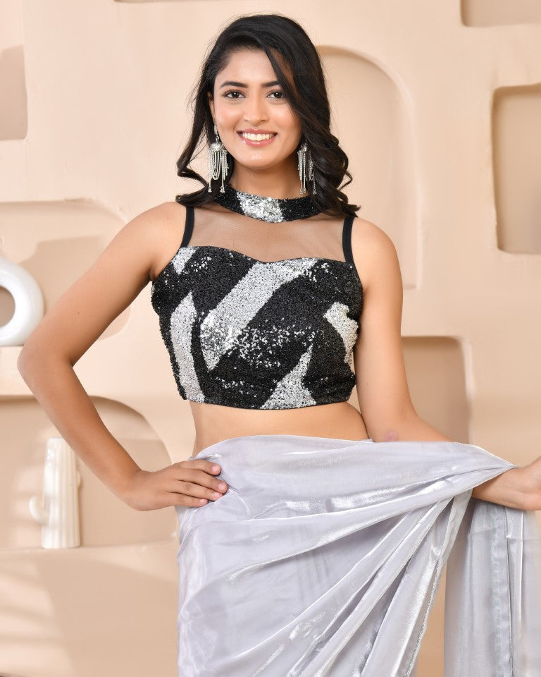 Amodini Designer Studio Silver & Black Cutdana Sequined Band Collar Sleeveless Padded Blouse