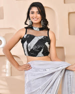 Thumbnail for Amodini Designer Studio Silver & Black Cutdana Sequined Band Collar Sleeveless Padded Blouse