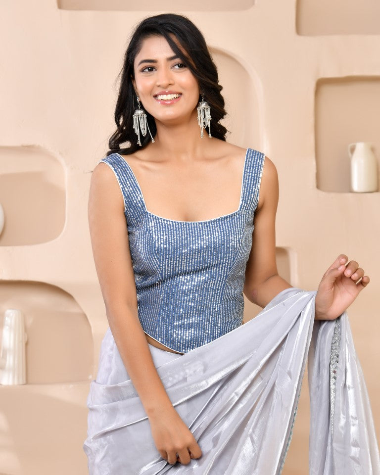 Amodini Designer Studio Sequined Denim Corset Saree Blouse - Distacart