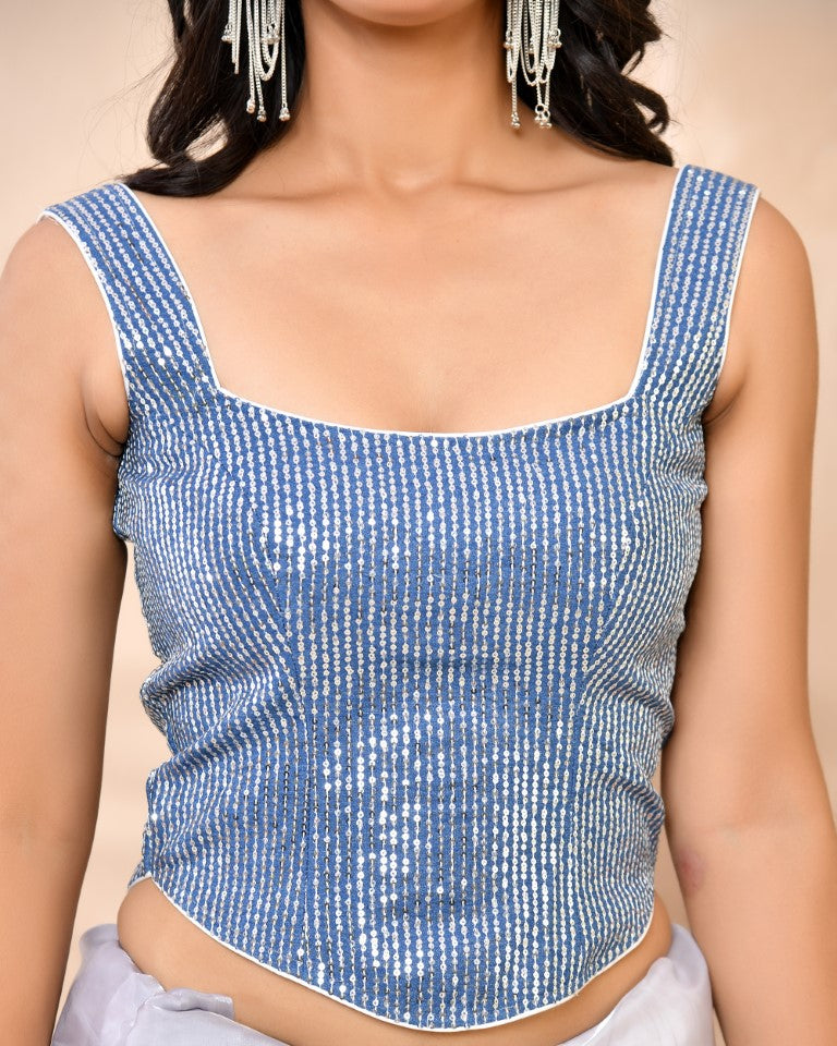 Amodini Designer Studio Sequined Denim Corset Saree Blouse