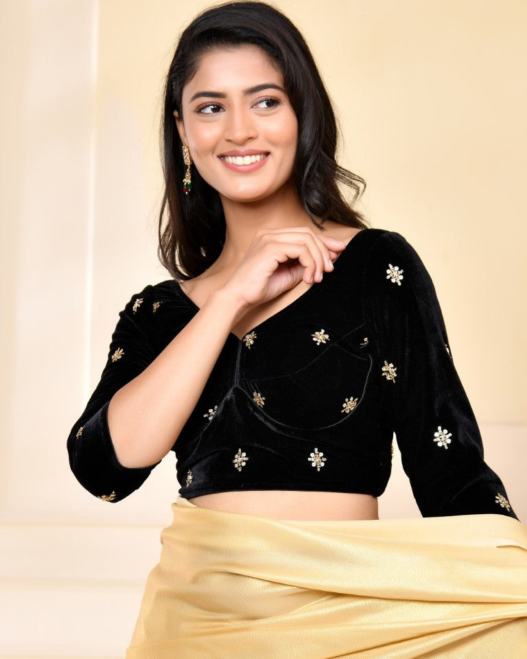 Amodini Designer Studio Black Embellished Velvet Blouse