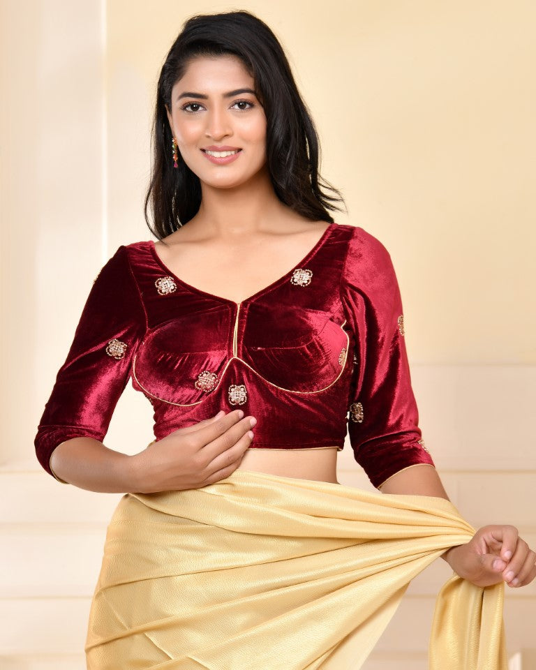 Amodini Designer Studio Marroon Embellished Velvet Blouse - Distacart
