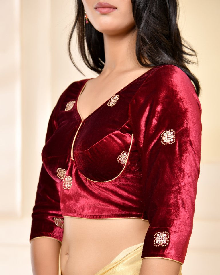 Amodini Designer Studio Marroon Embellished Velvet Blouse