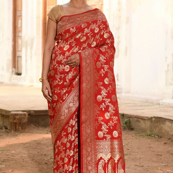Joban Fashion Red Banarasi Soft Pure Handloom Banarasi Silk Saree