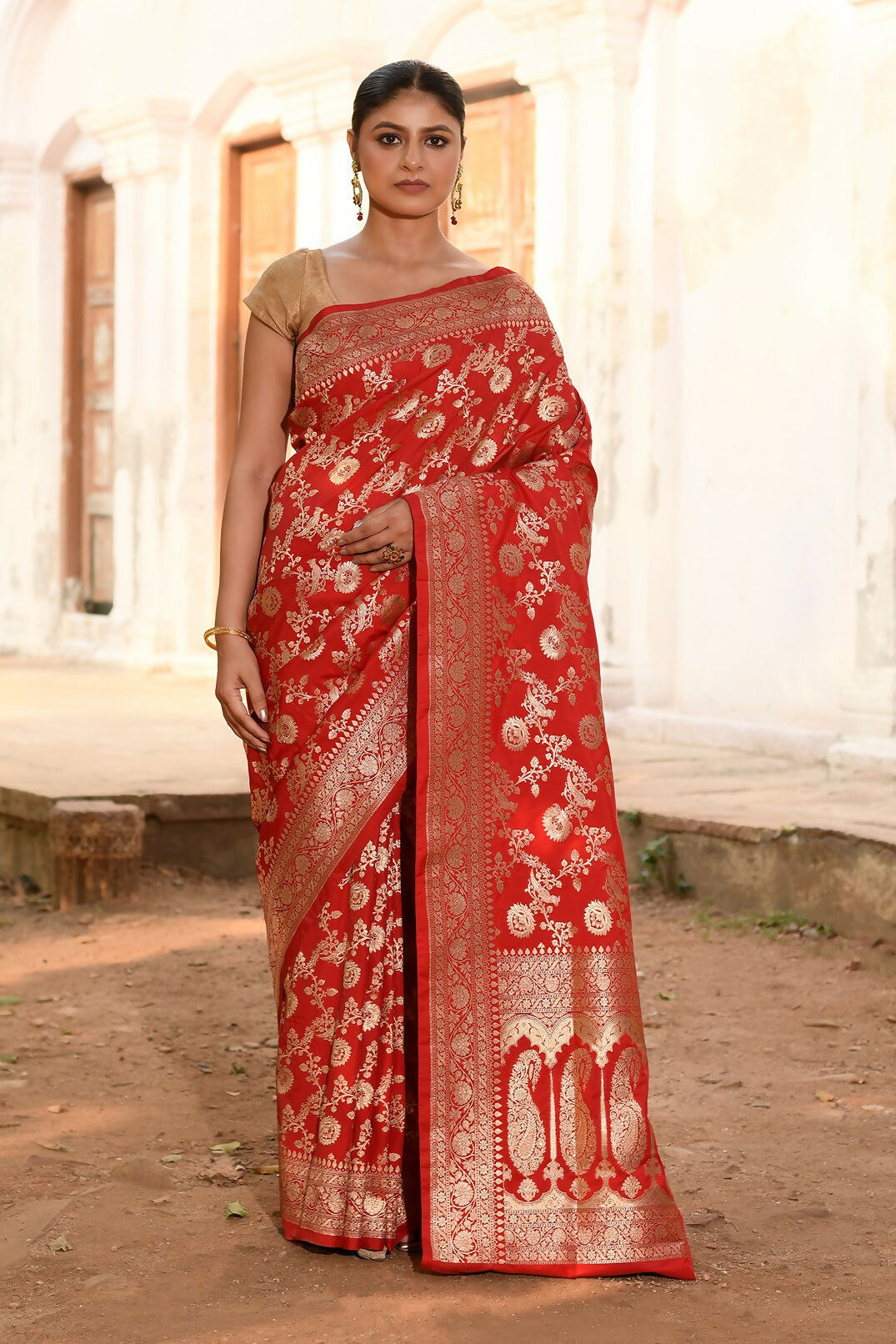 Joban Fashion Red Banarasi Soft Pure Handloom Banarasi Silk Saree - Dista