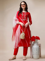 Thumbnail for Hand Embroidered & Leheriya Printed Kurta With Pant & Dupatta, Multicolor - Hiral Fashion - Distacart