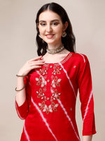 Thumbnail for Hand Embroidered & Leheriya Printed Kurta With Pant & Dupatta, Multicolor - Hiral Fashion - Distacart