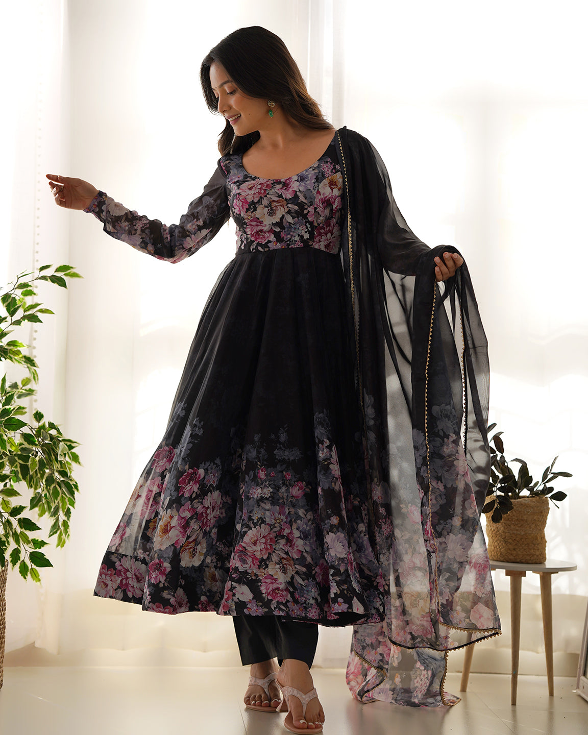 Lorenvalley Fashion Women Pure Soft Organza Silk Floral Print Fully Flair Anarkali With Pent Dupatta Set - Black - Distacart