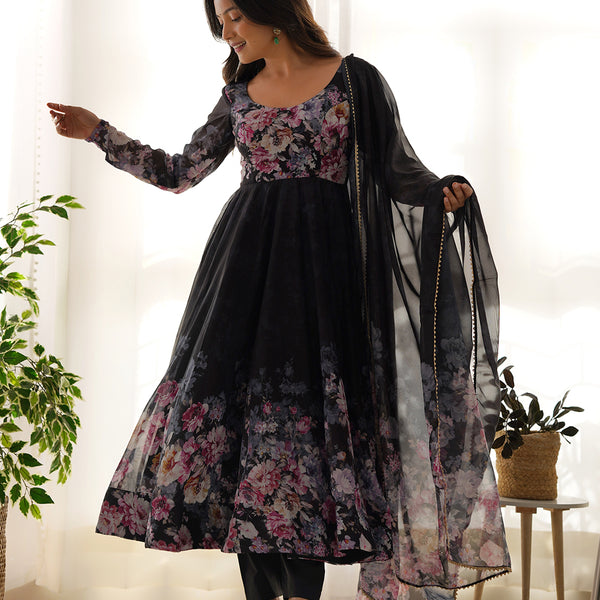 Lorenvalley Fashion Women Pure Soft Organza Silk Floral Print Fully Flair Anarkali With Pent Dupatta Set - Black - Distacart