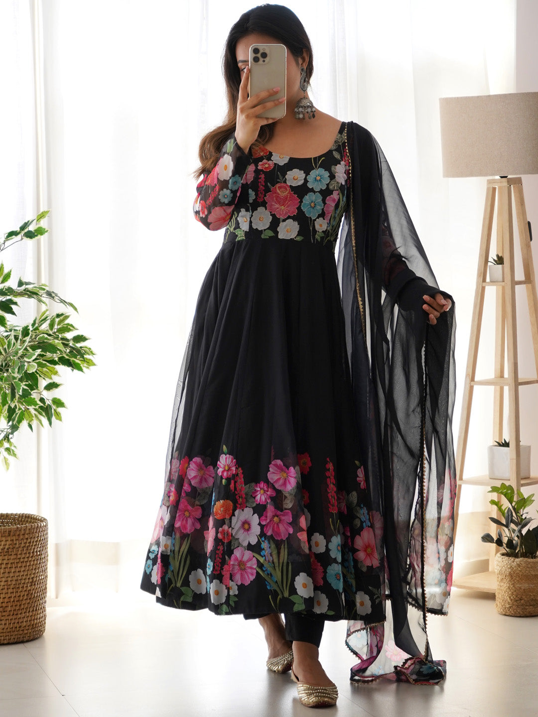 Evanik Black Soft Organza Silk With Floral Print Fully Flared Anarkali Pant With Dupatta Set