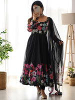 Thumbnail for Evanik Black Soft Organza Silk With Floral Print Fully Flared Anarkali Pant With Dupatta Set