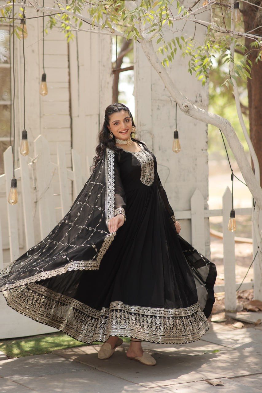 Evanik Black Faux Blooming Gown with Dupatta With Attractive Embroidered Sequins work - Distacart