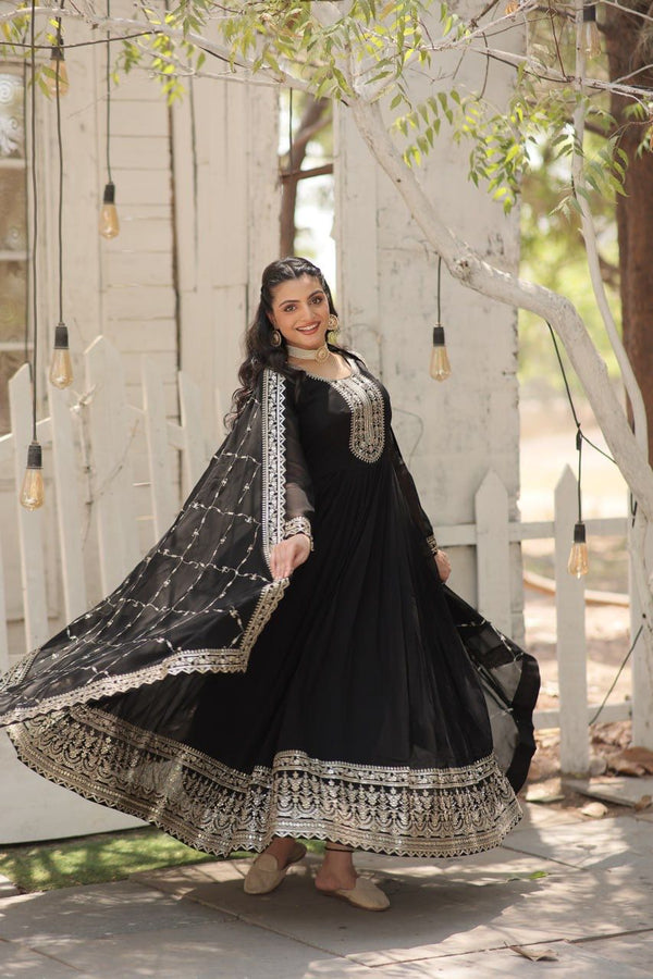 Evanik Black Faux Blooming Gown with Dupatta With Attractive Embroidered Sequins work