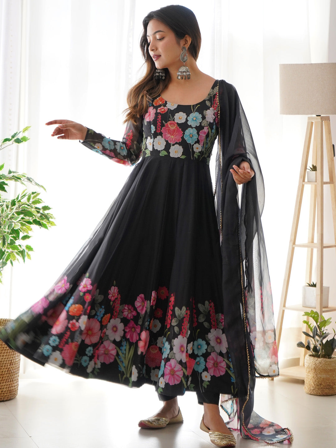 Evanik Black Soft Organza Silk With Floral Print Fully Flared Anarkali Pant With Dupatta Set