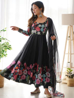 Thumbnail for Evanik Black Soft Organza Silk With Floral Print Fully Flared Anarkali Pant With Dupatta Set