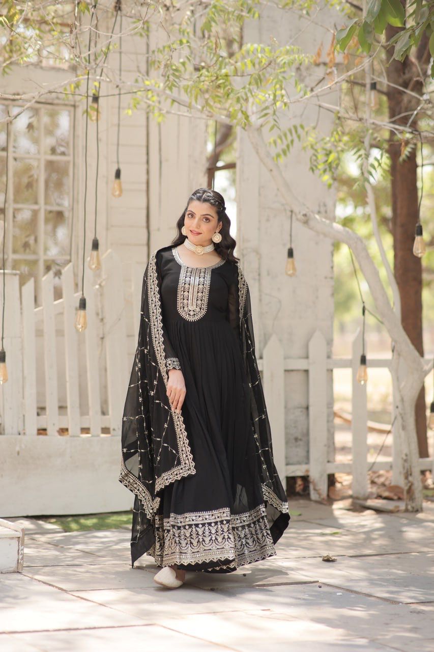 Evanik Black Faux Blooming Gown with Dupatta With Attractive Embroidered Sequins work