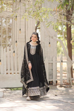 Thumbnail for Evanik Black Faux Blooming Gown with Dupatta With Attractive Embroidered Sequins work