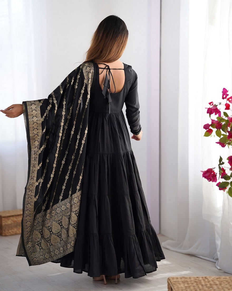 Evanik Black Pure Roman Silk Chanderi With Fully Flair Anarkali Pant With Dupatta
