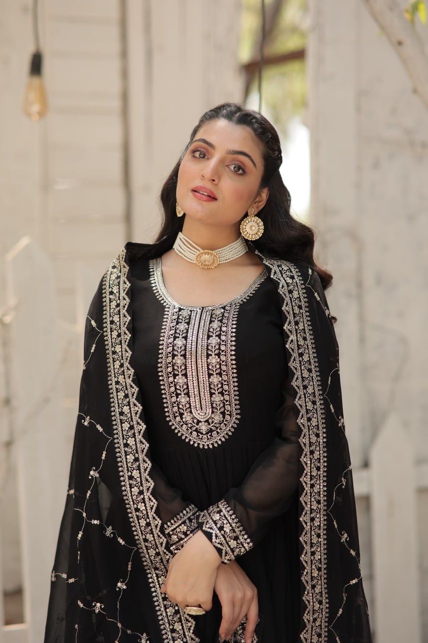 Evanik Black Faux Blooming Gown with Dupatta With Attractive Embroidered Sequins work
