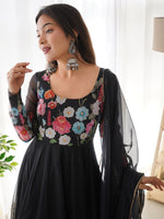 Thumbnail for Evanik Black Soft Organza Silk With Floral Print Fully Flared Anarkali Pant With Dupatta Set