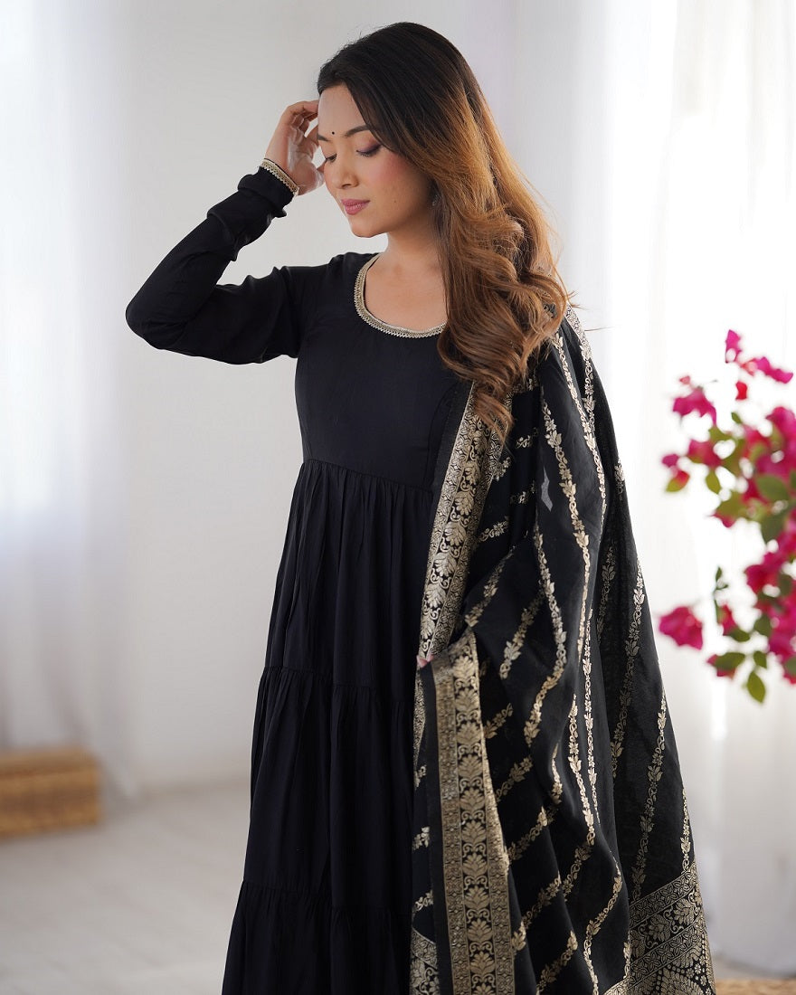 Evanik Black Pure Roman Silk Chanderi With Fully Flair Anarkali Pant With Dupatta