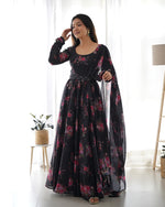 Thumbnail for Lorenvalley Fashion Women Pure Soft Organza Silk Anarkali Kali Cut Gown With Pant Dupatta Set - Wine - Distacart