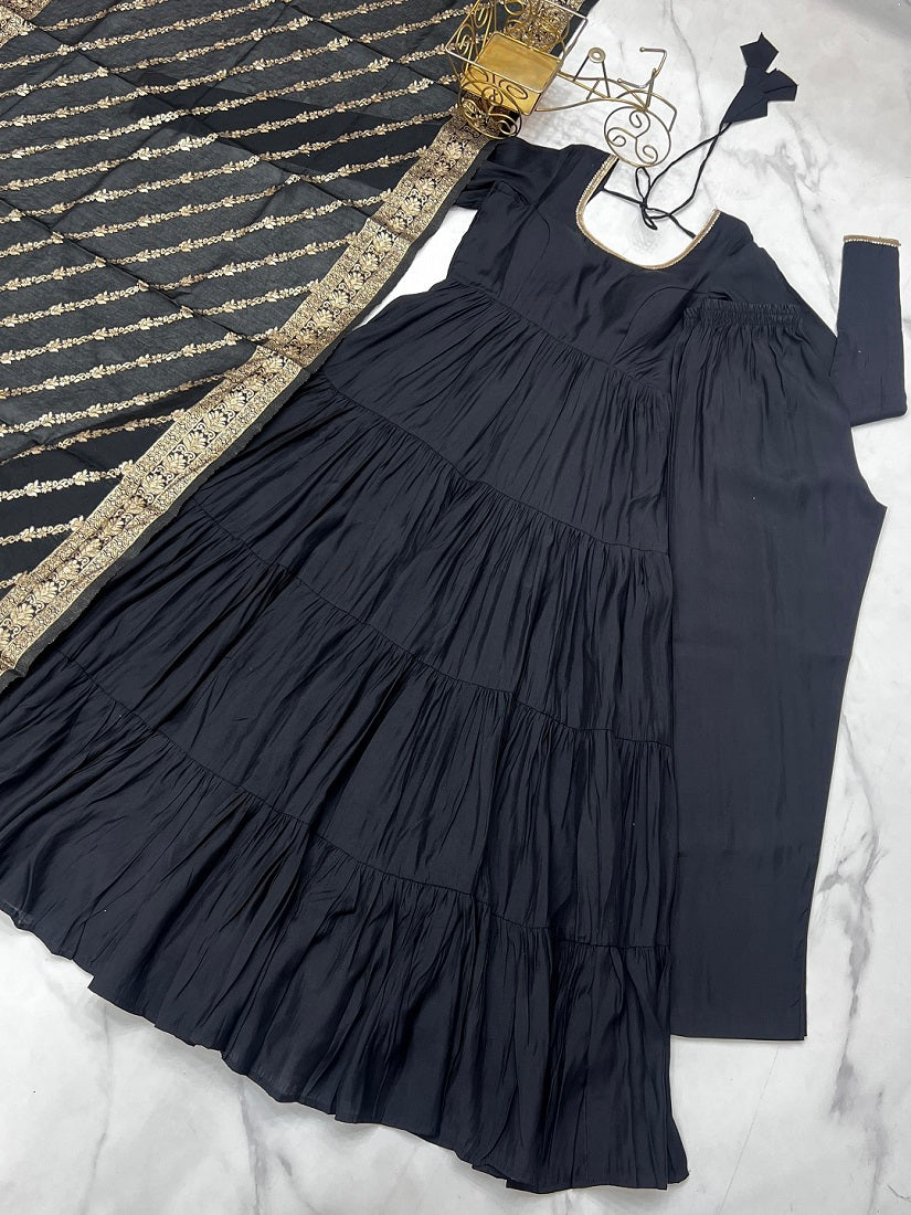 Evanik Black Pure Roman Silk Chanderi With Fully Flair Anarkali Pant With Dupatta
