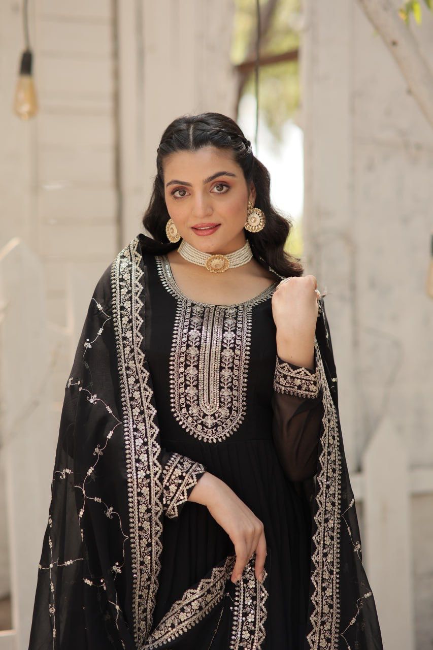 Evanik Black Faux Blooming Gown with Dupatta With Attractive Embroidered Sequins work