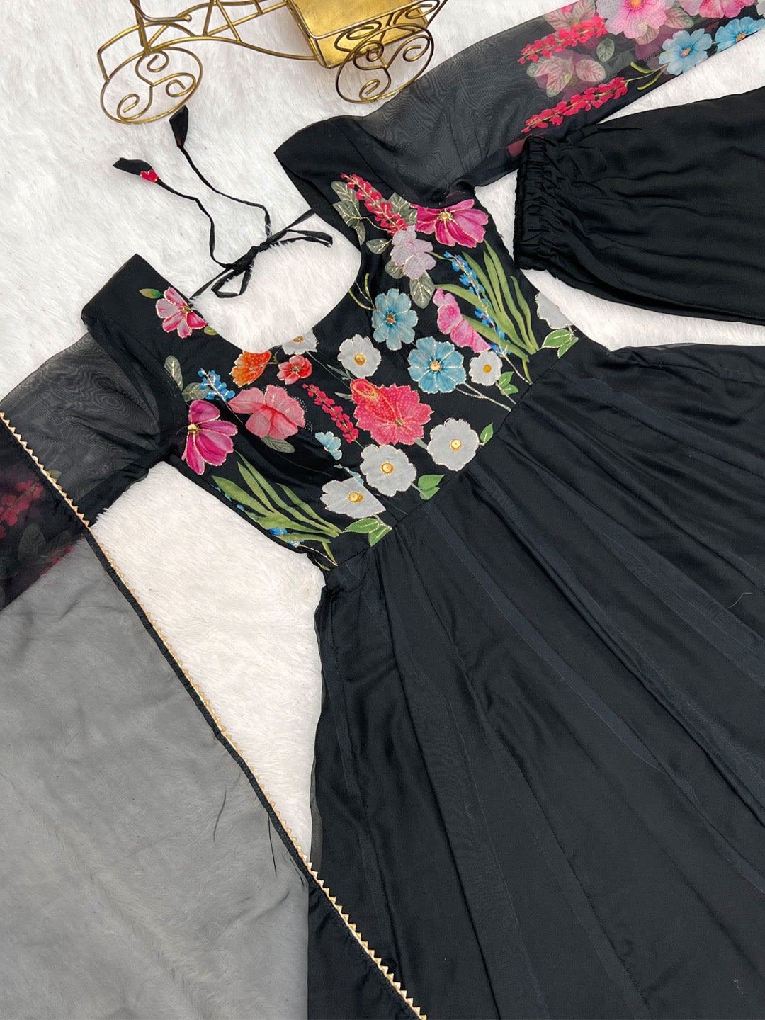 Evanik Black Soft Organza Silk With Floral Print Fully Flared Anarkali Pant With Dupatta Set