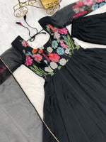 Thumbnail for Evanik Black Soft Organza Silk With Floral Print Fully Flared Anarkali Pant With Dupatta Set