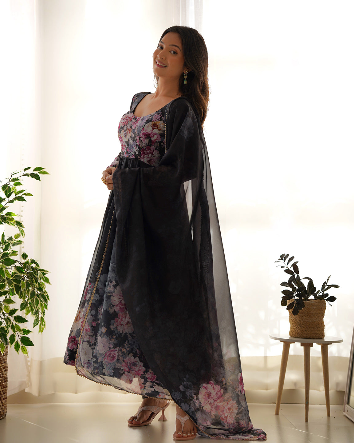 Lorenvalley Fashion Women Pure Soft Organza Silk Floral Print Fully Flair Anarkali With Pent Dupatta Set - Black - Distacart