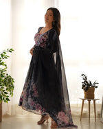 Thumbnail for Lorenvalley Fashion Women Pure Soft Organza Silk Floral Print Fully Flair Anarkali With Pent Dupatta Set - Black - Distacart