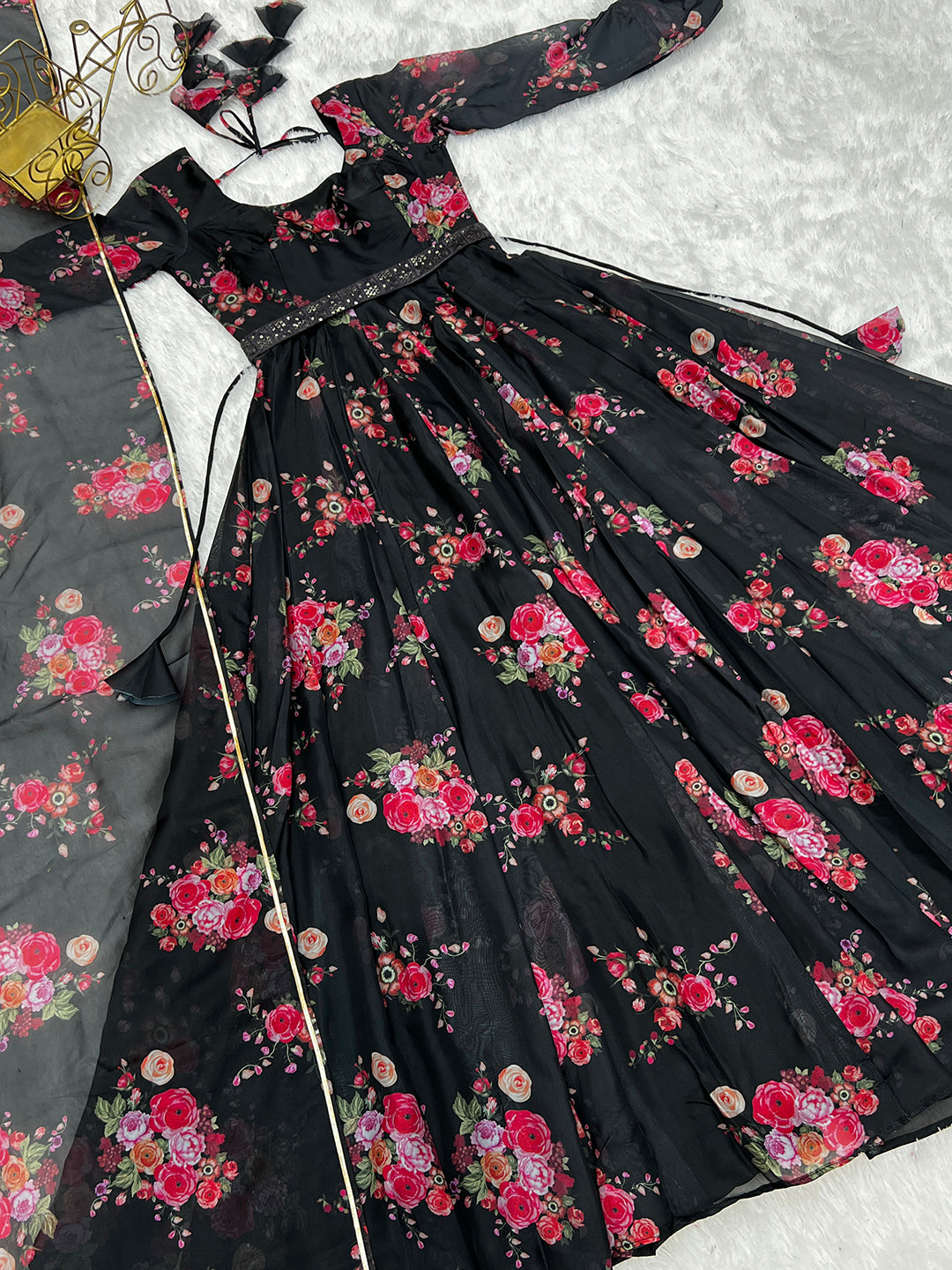 Lorenvalley Fashion Women Pure Soft Organza Silk Anarkali Kali Cut Gown With Pant Dupatta Set - Wine - Distacart