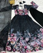 Thumbnail for Lorenvalley Fashion Women Pure Soft Organza Silk Floral Print Fully Flair Anarkali With Pent Dupatta Set - Black - Distacart