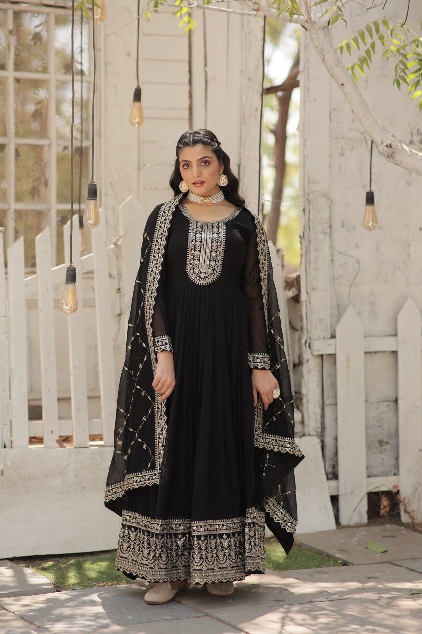Evanik Black Faux Blooming Gown with Dupatta With Attractive Embroidered Sequins work - Distacart