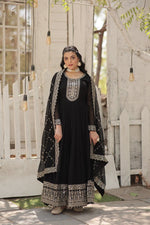 Thumbnail for Evanik Black Faux Blooming Gown with Dupatta With Attractive Embroidered Sequins work