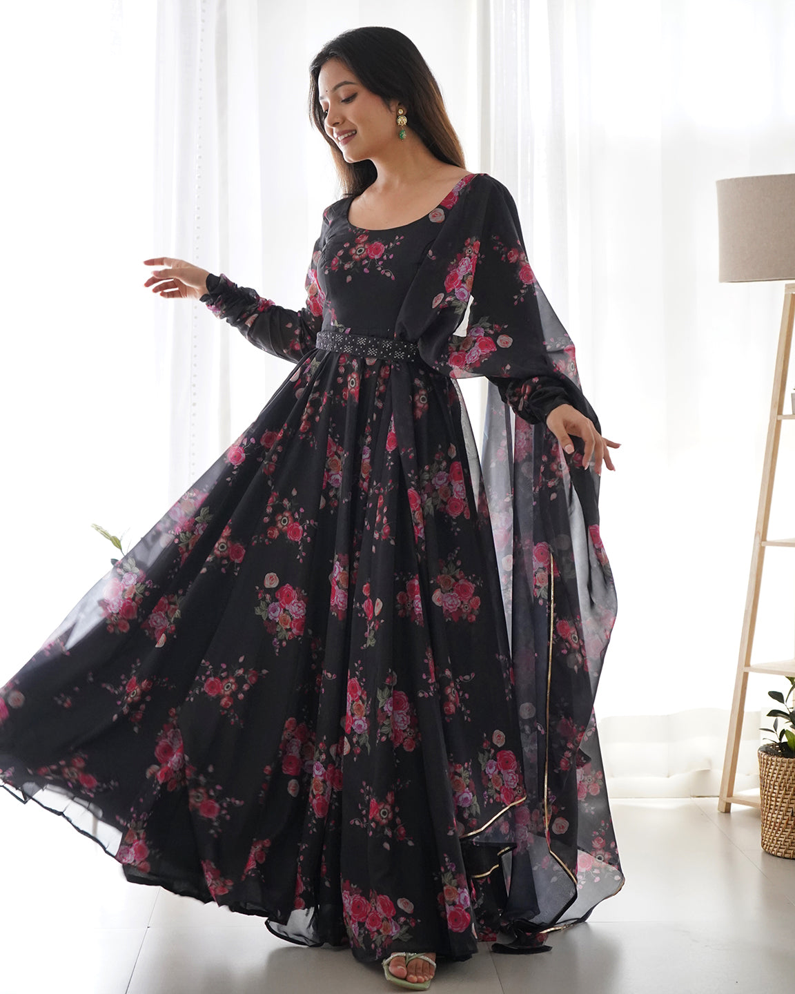 Lorenvalley Fashion Women Pure Soft Organza Silk Anarkali Kali Cut Gown With Pant Dupatta Set - Wine - Distacart