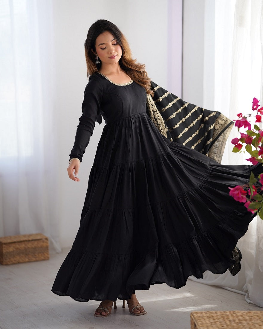 Evanik Black Pure Roman Silk Chanderi With Fully Flair Anarkali Pant With Dupatta