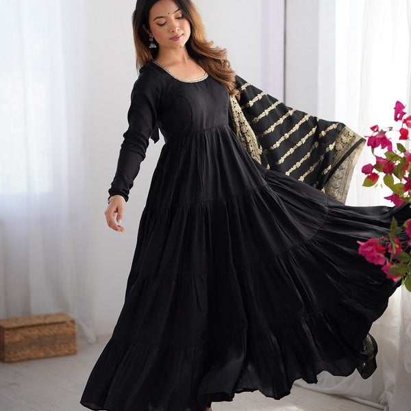 Evanik Black Pure Roman Silk Chanderi With Fully Flair Anarkali Pant With Dupatta
