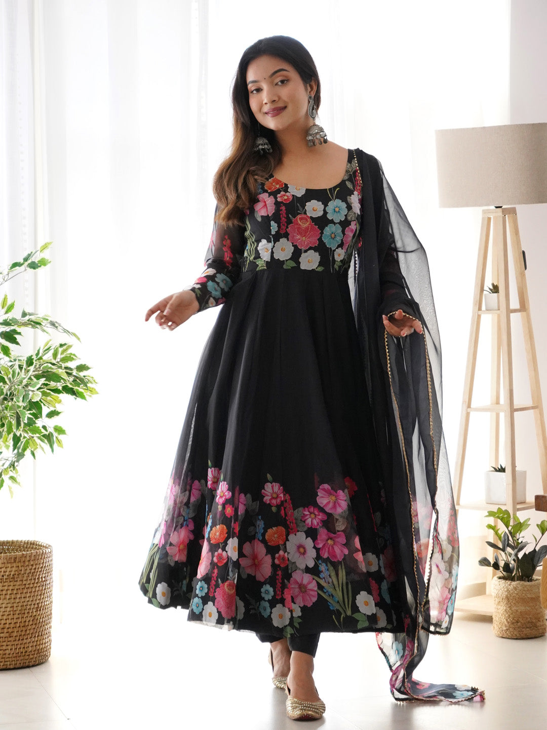 Evanik Black Soft Organza Silk With Floral Print Fully Flared Anarkali Pant With Dupatta Set