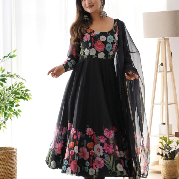 Evanik Black Soft Organza Silk With Floral Print Fully Flared Anarkali Pant With Dupatta Set