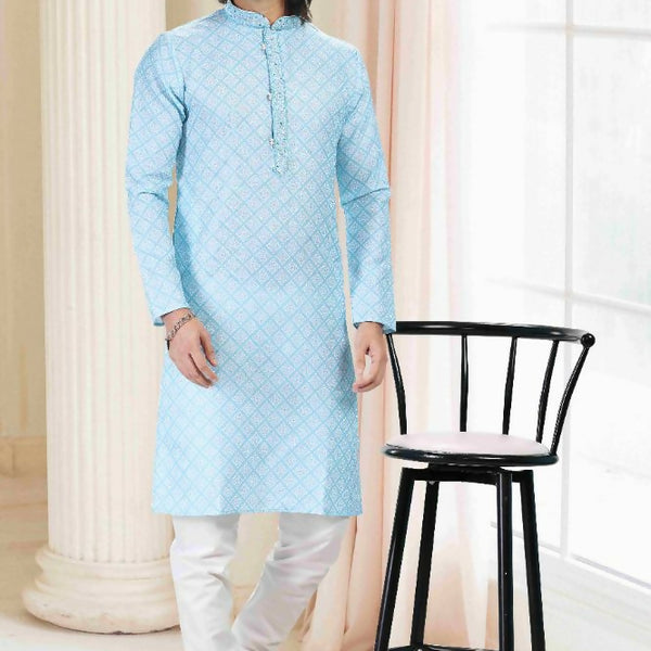Raivat Ethnic Cotton Thread Work Kurta Pajama In Sky Blue Colour - Dista