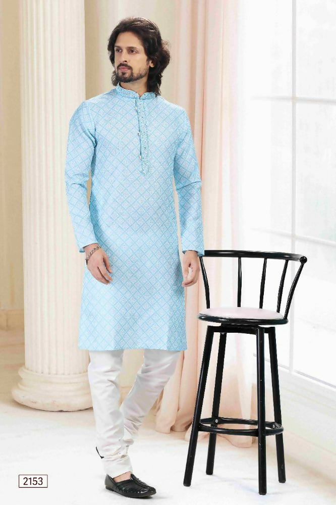 Raivat Ethnic Cotton Thread Work Kurta Pajama In Sky Blue Colour - Dista