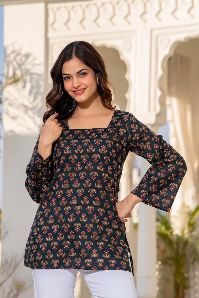 Jaitra Apparels Black Pure Cotton Printed Short Kurti With Back Lace Tie-ups - Dista