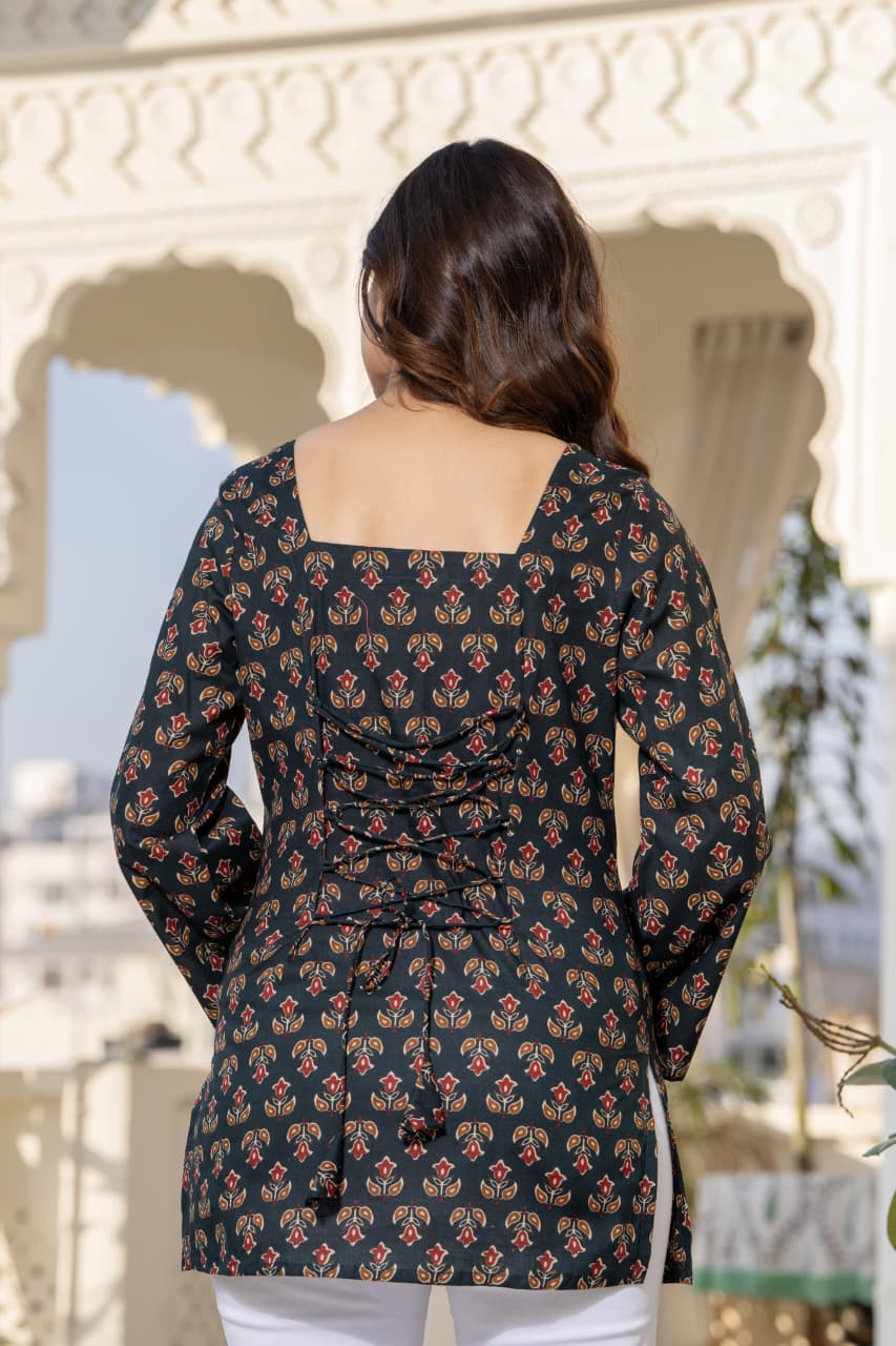 Jaitra Apparels Black Pure Cotton Printed Short Kurti With Back Lace Tie-ups - Dista