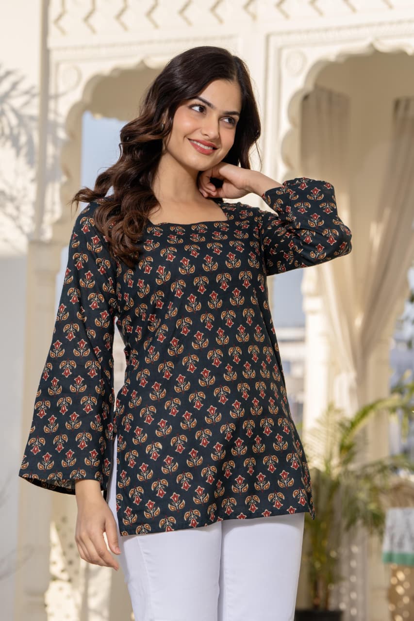 Jaitra Apparels Black Pure Cotton Printed Short Kurti With Back Lace Tie-ups - Dista