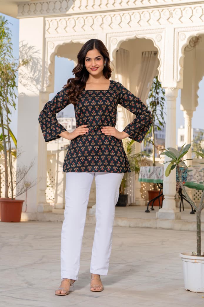 Jaitra Apparels Black Pure Cotton Printed Short Kurti With Back Lace Tie-ups - Dista