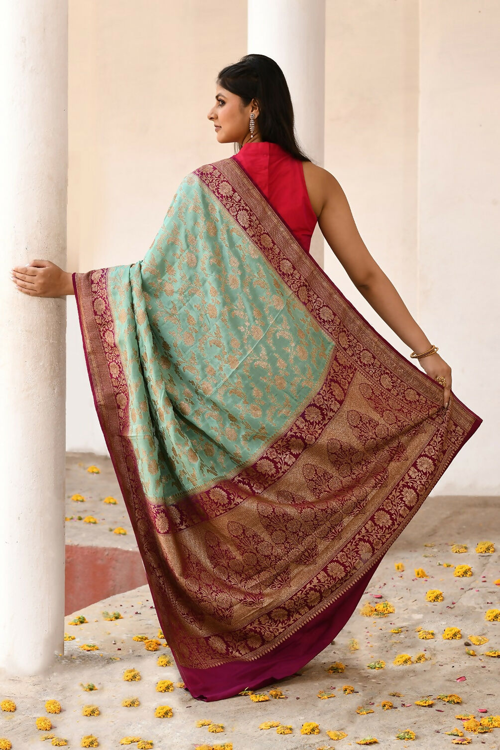 Joban Fashion Aqua Crepe Chiffon Pure Handloom Banarasi Silk Saree